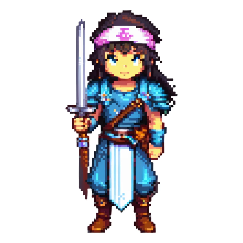 pixel art JRPG character with a sword and headband, classic RPG hero look sticker