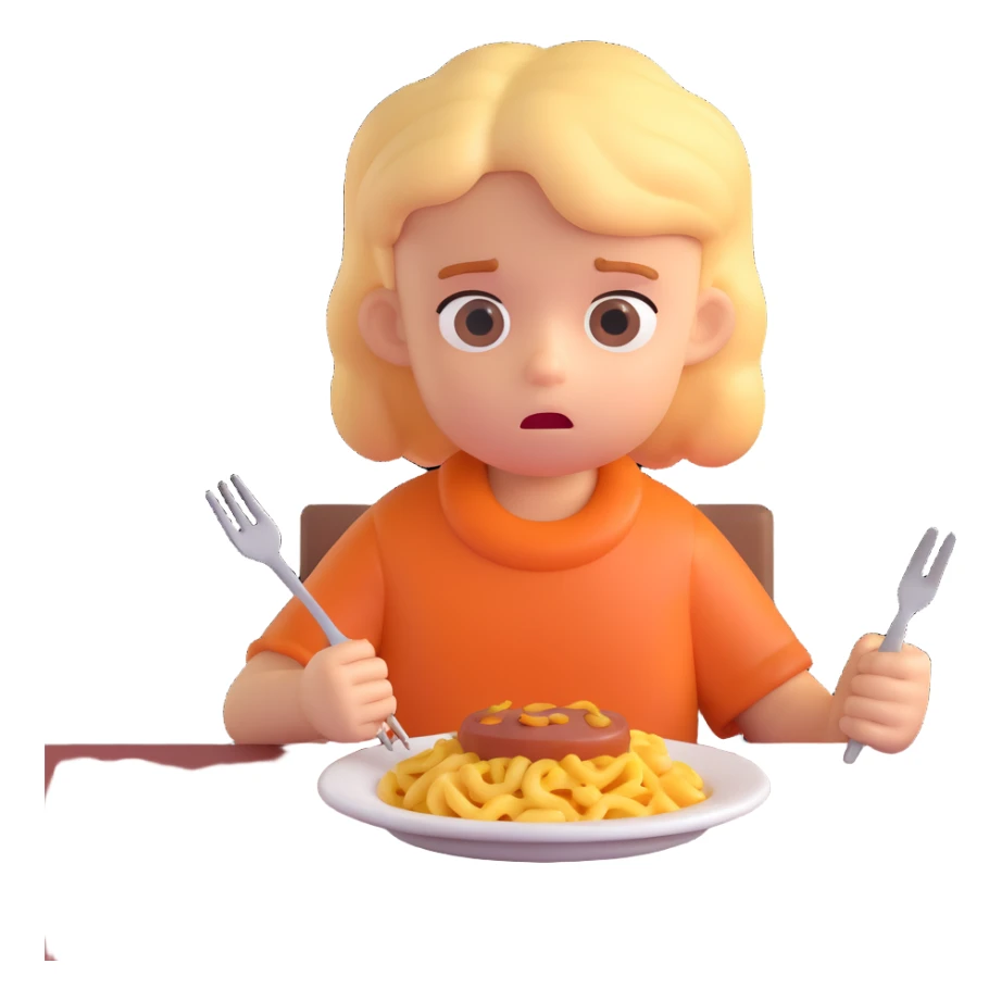 A stylized 3D character of a 6-year-old child sits at a table, looking bored at a plate of macaroni and a meat patty, absentmindedly poking the macaroni with a fork. sticker