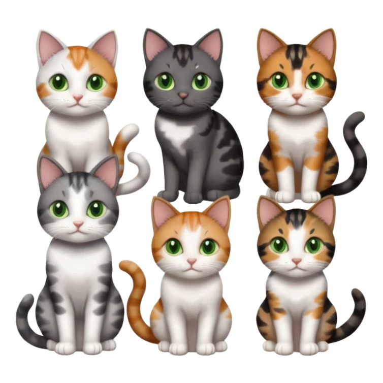 6 different coloured small cats including a dark grey and white, and a patchy calico, and a brown tabby and white,  and a completely solid dark grey with green eyes and only white paws sticker