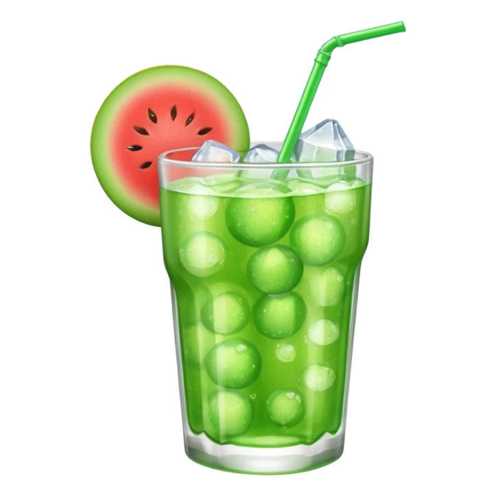 small cup of melon soda with ice cubes and a cherry on top sticker