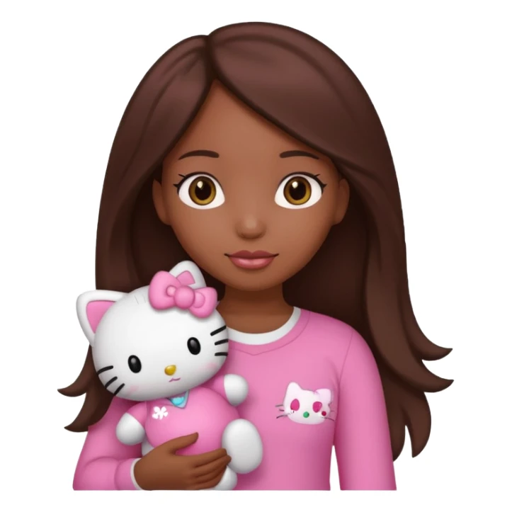 black girl with long brown hair holding a hello kitty sticker