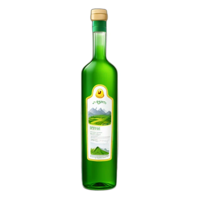 grüner schnaps in länglicher flasche mit bergen und einem dorf auf dem etikett sticker