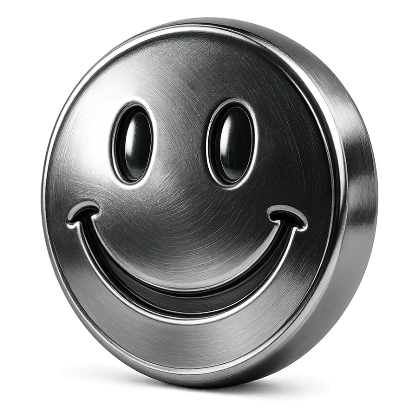 round polished chrome smiley face emoji with clean industrial metallic texture inspired by futuristic alloys metal-inspired set sticker