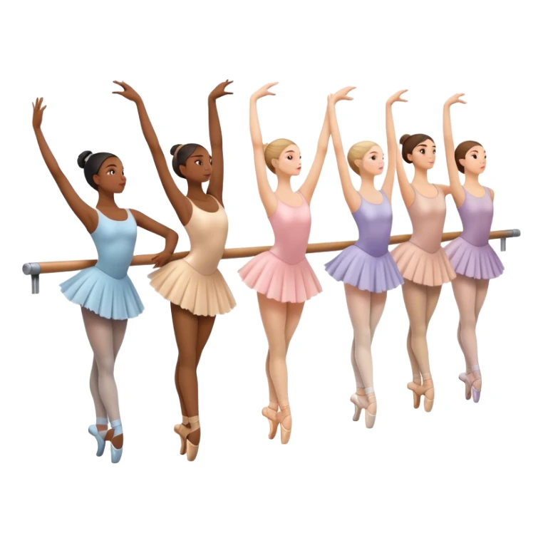 "Icon for Choreography: a group of dance students stretching, holding one hand on a long barre along the wall. The icon should capture the disciplined and graceful nature of ballet practice. Transparent background. sticker