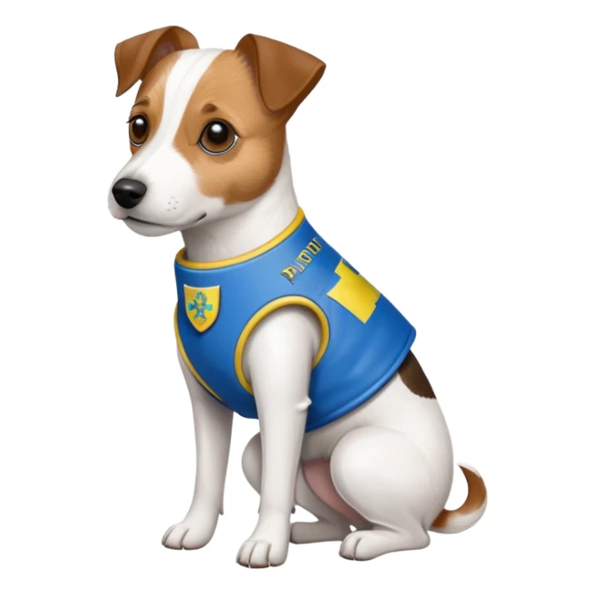 jack russell terrier in a bulletproof vest with ukrainian flag patch and name "PATRON" sticker