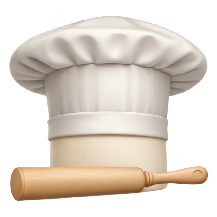Cinematic Realistic Chef Hat & Rolling Pin, crisp white cotton hat with soft folds, resting beside a classic wooden rolling pin with smooth, polished curves, a light dusting of flour adding authenticity, warm kitchen lighting casting gentle shadows, glowing with a cozy and inviting charm. sticker