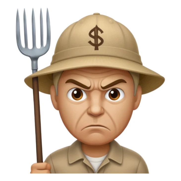 Angry man with a pitchfork and a cap that has a no symbol sticker