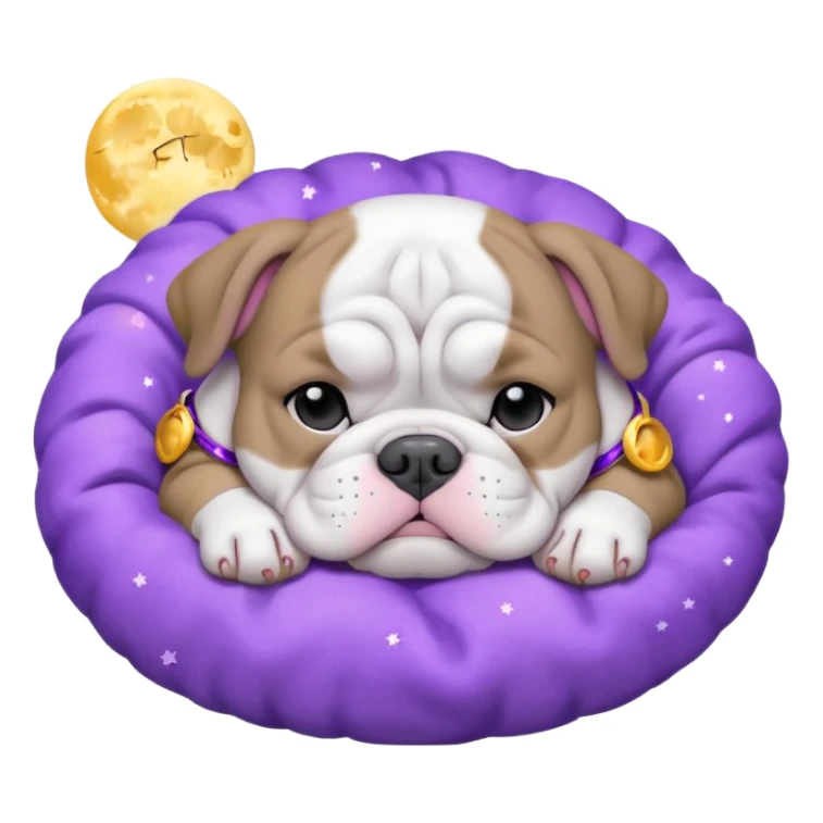 purple moon with a sleeping grey bull dog puppy with a purple collar sticker