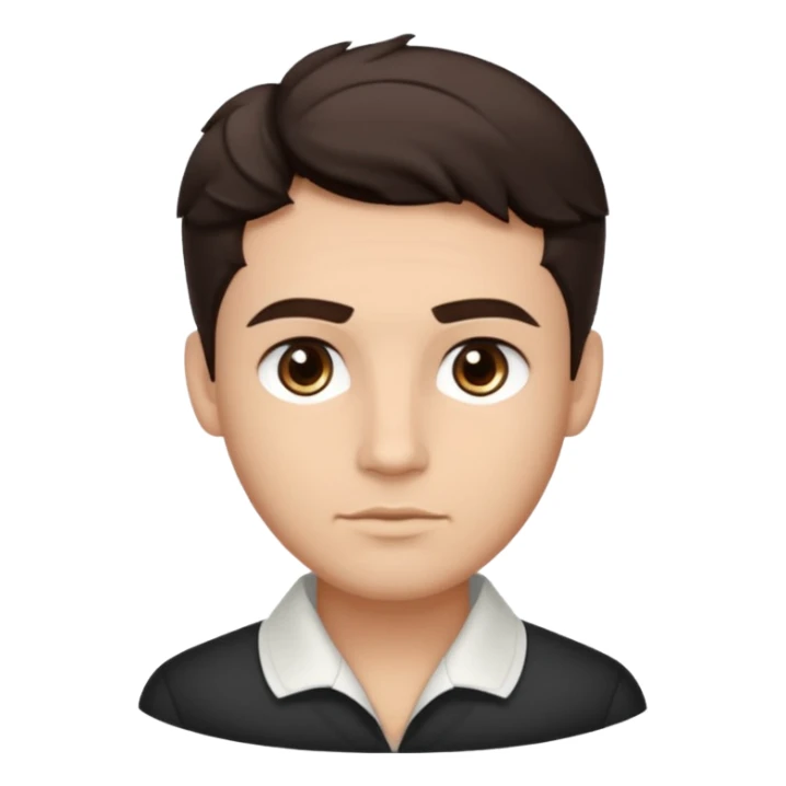 He’s a man with light to medium skin, a defined oval face, full brows, deep-set eyes, and wavy short dark brown hair styled with height, sides are trimmed. expression calm and focused relaxed black open-collar .polished, articulate, and trainer vibe. sticker