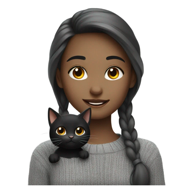 smiling girl in grey sweater with black cat sticker