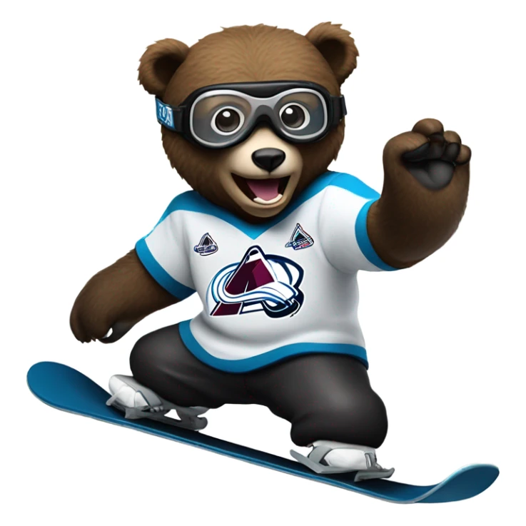 Bear on a snowboard in Colorado avalanche jersey doing hardcore tricks wearing black helmet and goggles sticker