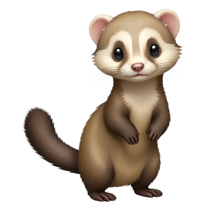 cinematic-[ferret]-realistic-full- long elongated body-standing-emoji,-tiny-paws-tucked-close,-head-tilted-dramatically,-sleek-[sable]-fur,-simplified-yet-realistic-focused-features,-highly-detailed,-glowing-with-an-almost-sarcastic-glow sticker