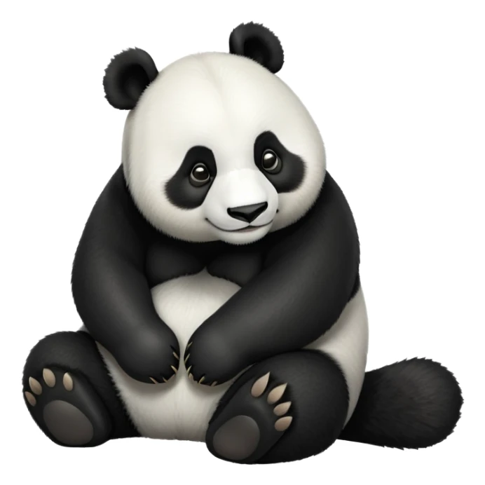 cinematic-[panda bear]-realistic-full-body-sitting-emoji,-tail-tucked-close,-head-tilted-dramatically,-thick-[black and white]-fur,-simplified-yet-realistic-focused-features,-highly-detailed,-glowing-with-an-almost-sarcastic-glow sticker