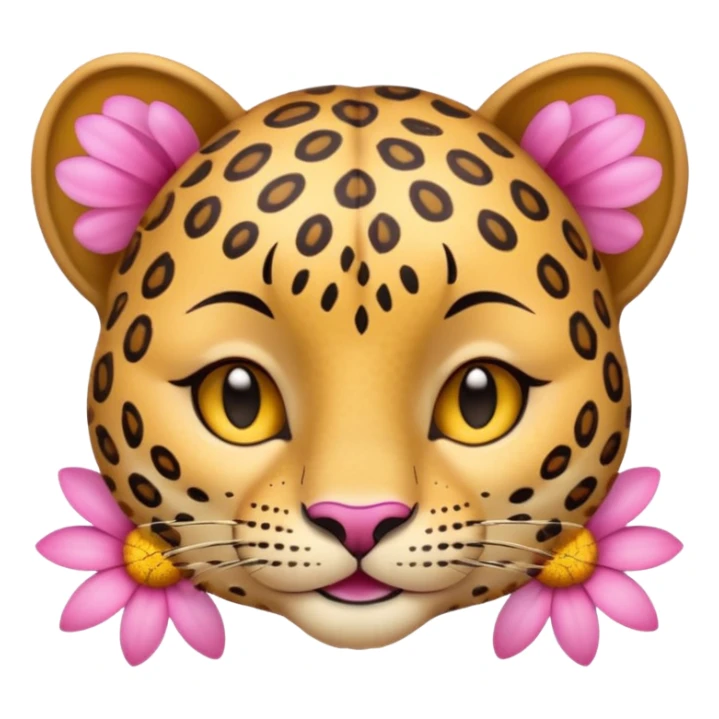 A cutE leopard face with EYES CLOSED and a peaceful smile. A pink flower with a yellow center is tucked behind its right ear sticker