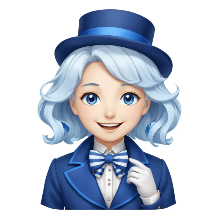Beautiful gorgeous anime lady with white wavy hair with thin blue stripes, blue eyes, blue short top hat with a blue bow tie, smug grin, laughing, happy, blue coat, blue cravat, white gloves sticker