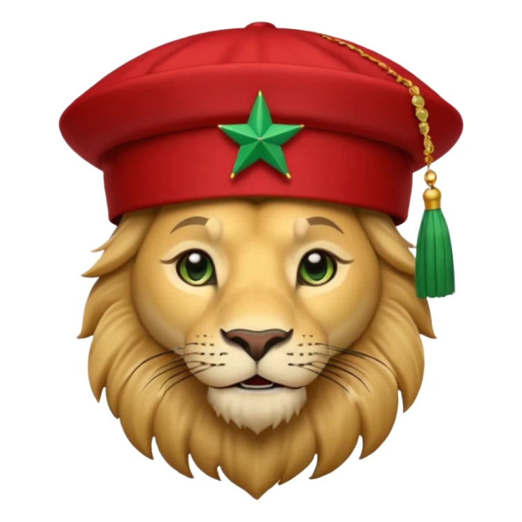 Cute lion emoji face wearing a Red Moroccan fez hat with a flat top, straight sides, a green five-pointed star on the front, and a thin black tassel hanging from the right side. sticker