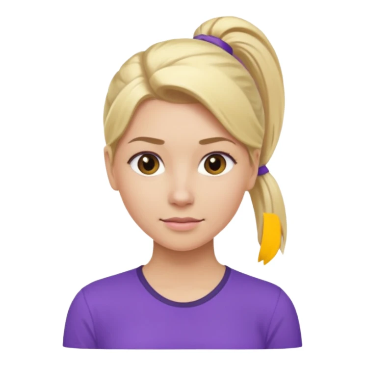 Blond woman with pony tail and purple shirt sticker