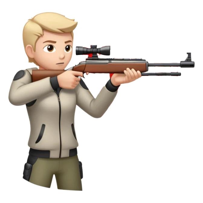 A focused shooter aiming a rifle at a target, standing in a shooting range with perfect posture. The target is in clear view, and the atmosphere is intense and precise, emphasizing concentration, accuracy, and discipline in the sport of shooting. sticker