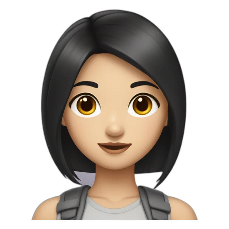 Asiatic girl with black ironed hair, brown eyes, sticker