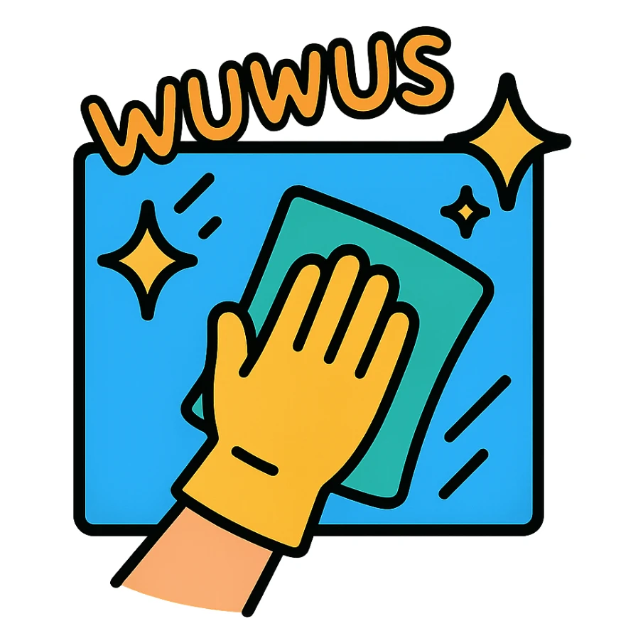hand with glove wiping a window, sparkling effect, playful 'wuuwuus' text, clean lines sticker