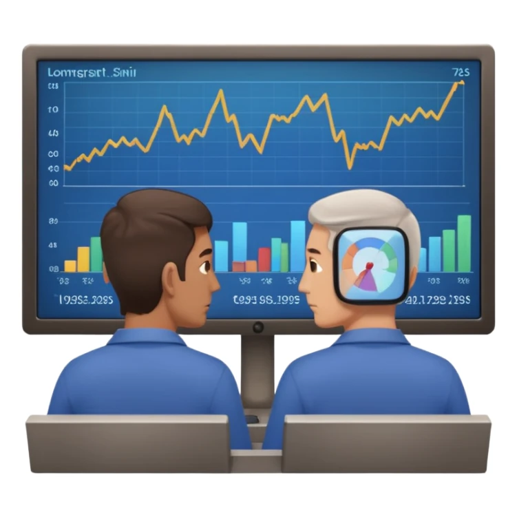 teaching somebody else in person, in the same place, watching the same monitor together, the trainee and trainer are in the similar age, two both are men, the monitor should be showing some data graphs sticker