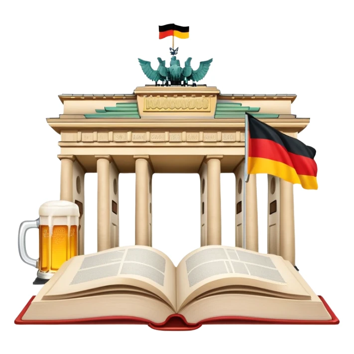 An icon featuring the Brandenburg Gate and the flag of Germany, symbolizing the German language. The design includes an open book with German text and a stein of beer, representing language learning and German culture. Transparent background sticker