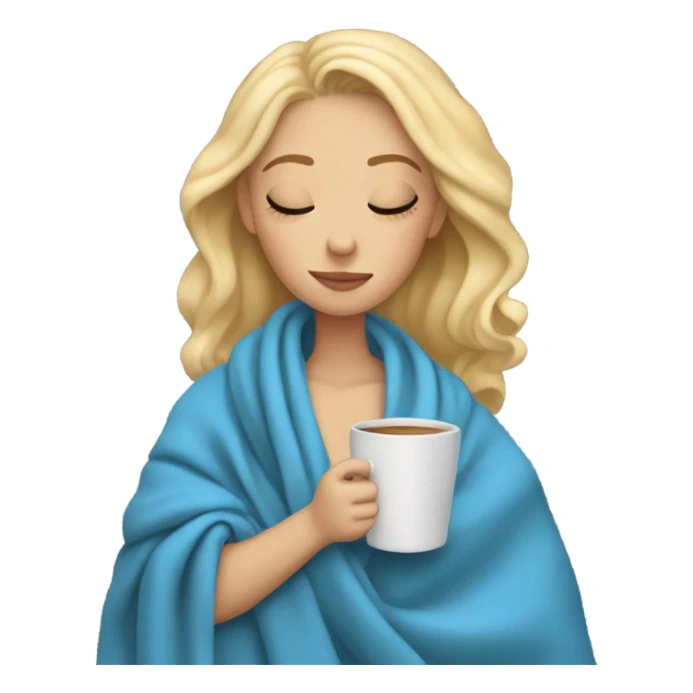 blonde girl inside a blue blanket sipping coffee eyes closed sticker