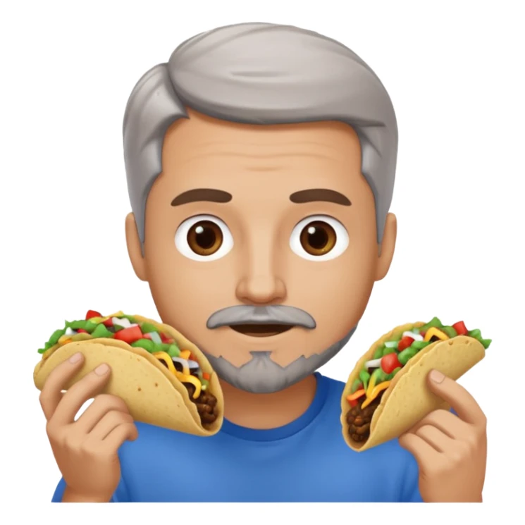 White man, blue eyes, brown gray hair, gray goatee, eating a taco sticker