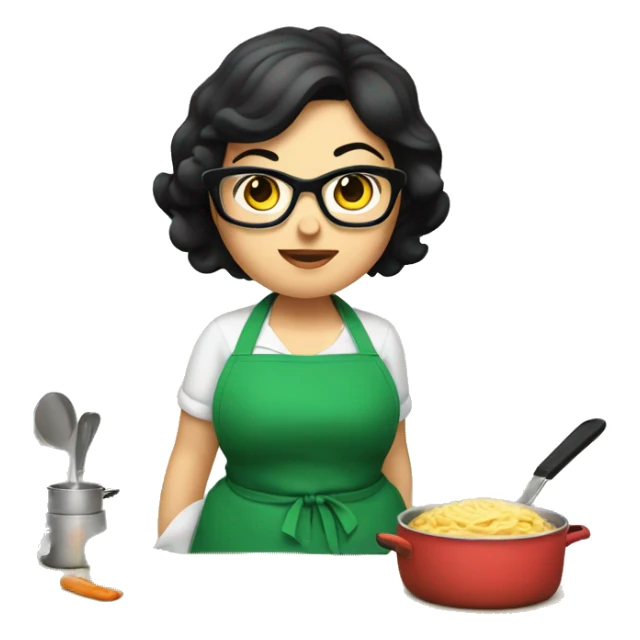 chubby lady with black hair green apron  with glasses cooking  sticker