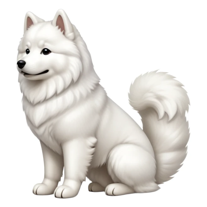 cinematic-[samoyed]-realistic-full-body-sitting-emoji,-tail-resting-loosely-beside-its-paws,-head-tilted-dramatically, -fluffy-[white]-fur,-simplified-yet-realistic-focused-features,-highly-detailed,-glowing-with-an-almost-sarcastic-glow sticker