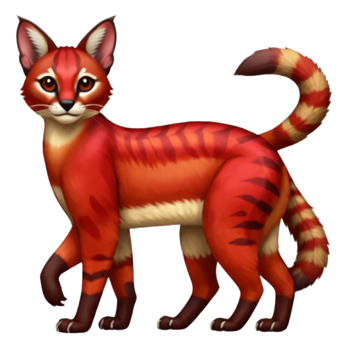 Vibrant-colored red-furred colorful painted marked patterned Asian glorious divine exotic cute cool beautiful shiny beautiful fantasy-caracal-civet-genet-sergal-vernid-Cacomistle-oncilla-animal-Fakémon-hybrid-fursona (full body) sticker