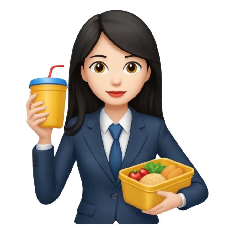 long dark haired woman with suit holding food container sticker