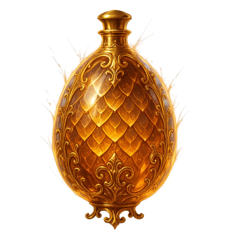premium crystal elixir bottle in an oval shape with dragon egg motif, magical scale pattern, lots of glowing, edges, ornaments, golden details, magical effects, very small golden neck, transparent background, beautiful merging bottom, clearly floating in the air, no base or shadow, very luxurious, magical, fitting a collection sticker