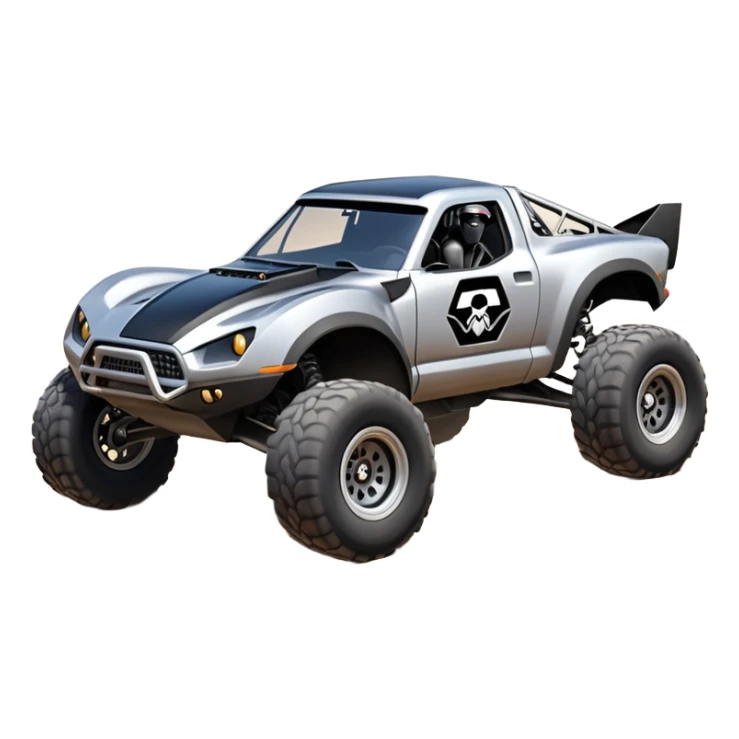 Satan’s and Vader (post race) Chardonnay Dirty and dented Local Motors Rally Fighter off road race car hot rod trophy truck-style basher flying on a dusty road (silver wheels) sticker