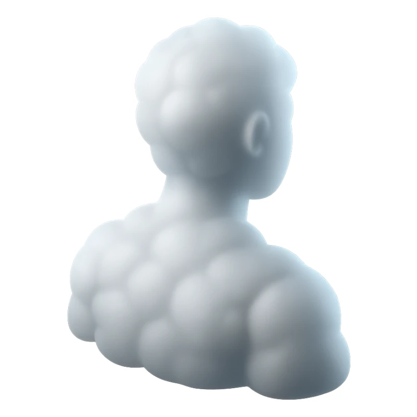 person made entirely of white fluffy convex clouds, shoulder view, looking straight, matte glass style sticker