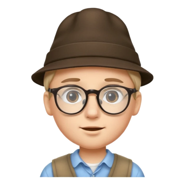 indoor portrait of a boy with a hat and glasses sticker