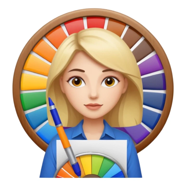 female graphic designer , color wheel, pens, papers sticker