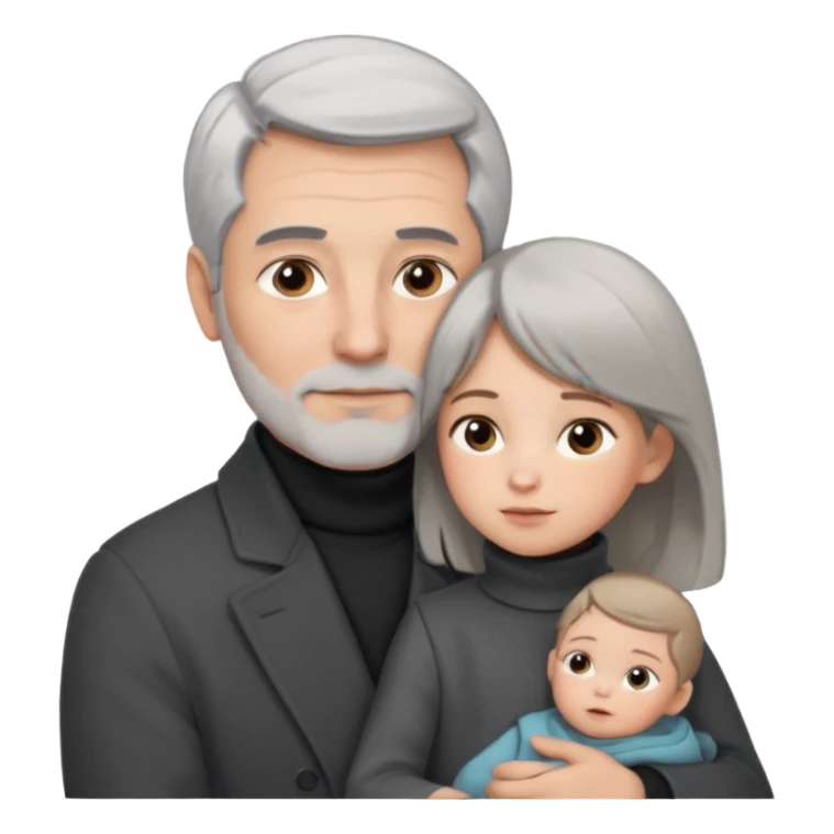 A father with silver-grey hair styled neatly and a clean-shaven face, wearing a dark turtleneck and wool coat, holding his girl child gently. The child has light brown hair and a soft white dress. Warm cinematic lighting, emotional close-up. sticker