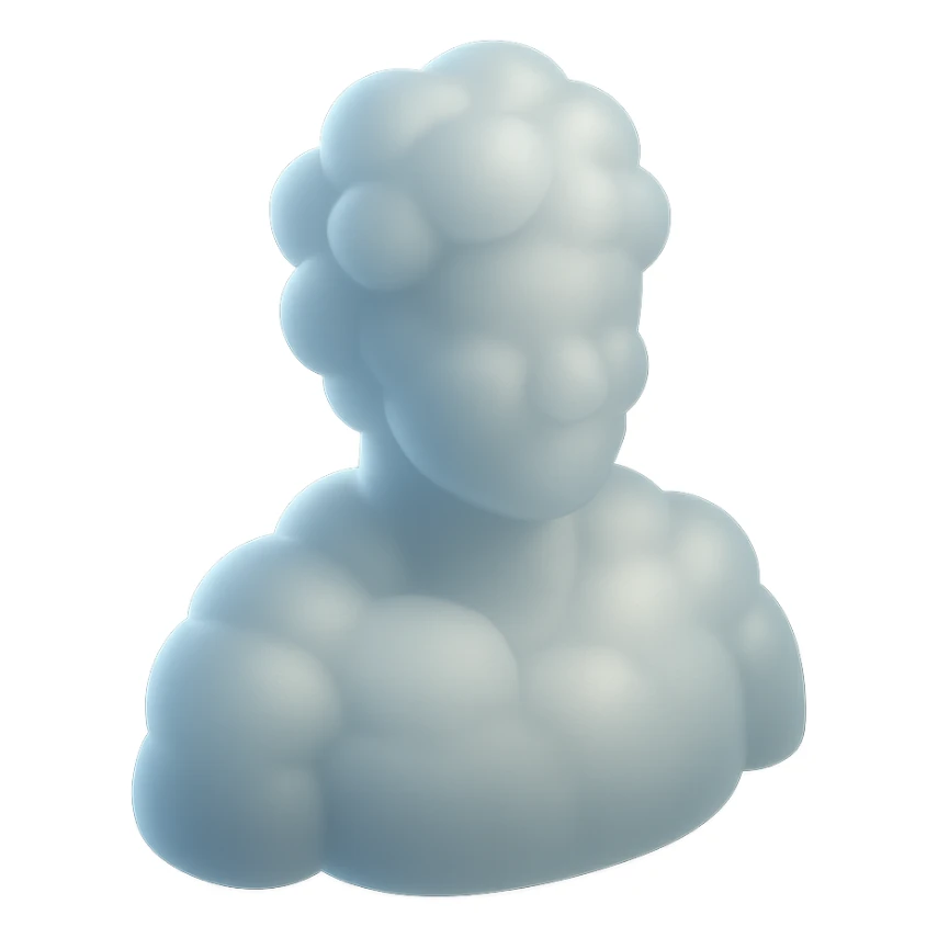 person made entirely of white fluffy convex clouds, shoulder up, front view, matte glass style, no background sticker
