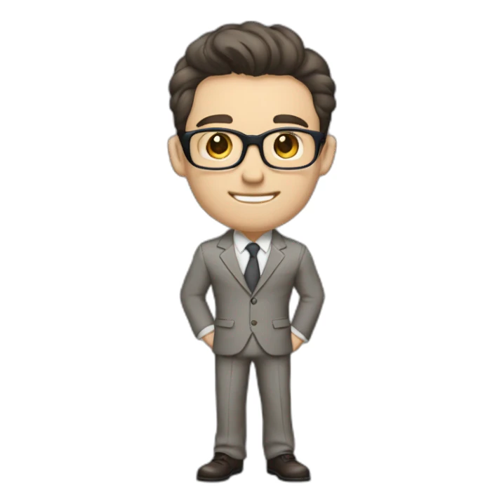 Full height Pale skinned Fit Man With dark brown hair in classic gray suit, beige office shirt, dark gray tie, and vintage glasses. His hands lock sticker