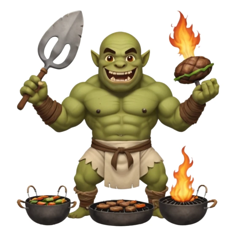ork male master chef flipping huge kebabs on stone barbecue, muscular, loincloth or shorts, big tusked grin, smoke, centered emoji sticker