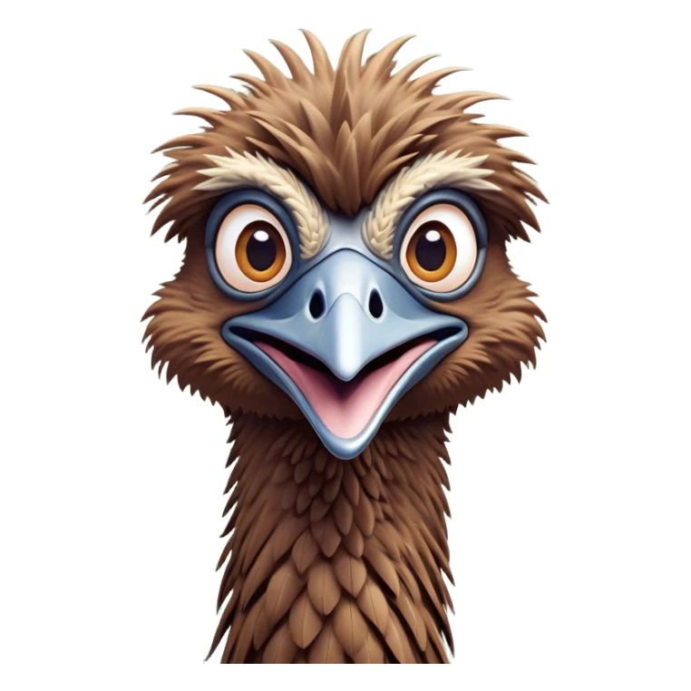 Cinematic Comical Emu Portrait Emoji, Head tilted dramatically with an exaggeratedly amused expression, featuring a striking, textured brown plumage with a comically small head and wide, expressive eyes full of playful disbelief, Simplified yet hilariously expressive features, highly detailed, glowing with a slightly sassy glow, high shine, dramatic yet playful, stylized with an air of cheeky outback mischief, bright and endearing, soft glowing outline, capturing the essence of a spirited and over‐the‐top emu, so meme‐worthy it feels like it could squawk its way into internet fame instantly! sticker