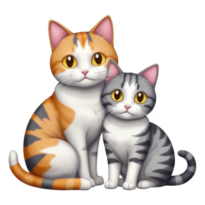 full body colourful light patched calico + white tabby cat cuddling a bigger cat that is dark grey and white tabby cat  and they are in love sticker