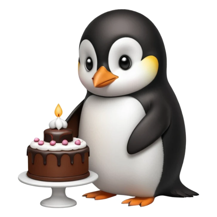 A penguin standing near a cake, feeling shy from a surprise celebration, portrait, bust up sticker