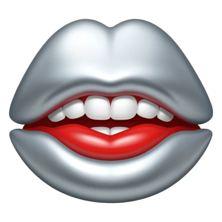 Chrome silver lips emoji, glossy metallic texture, iOS emoji style, smooth reflections, bold but minimal design, centered, silver mouth. all silver sticker