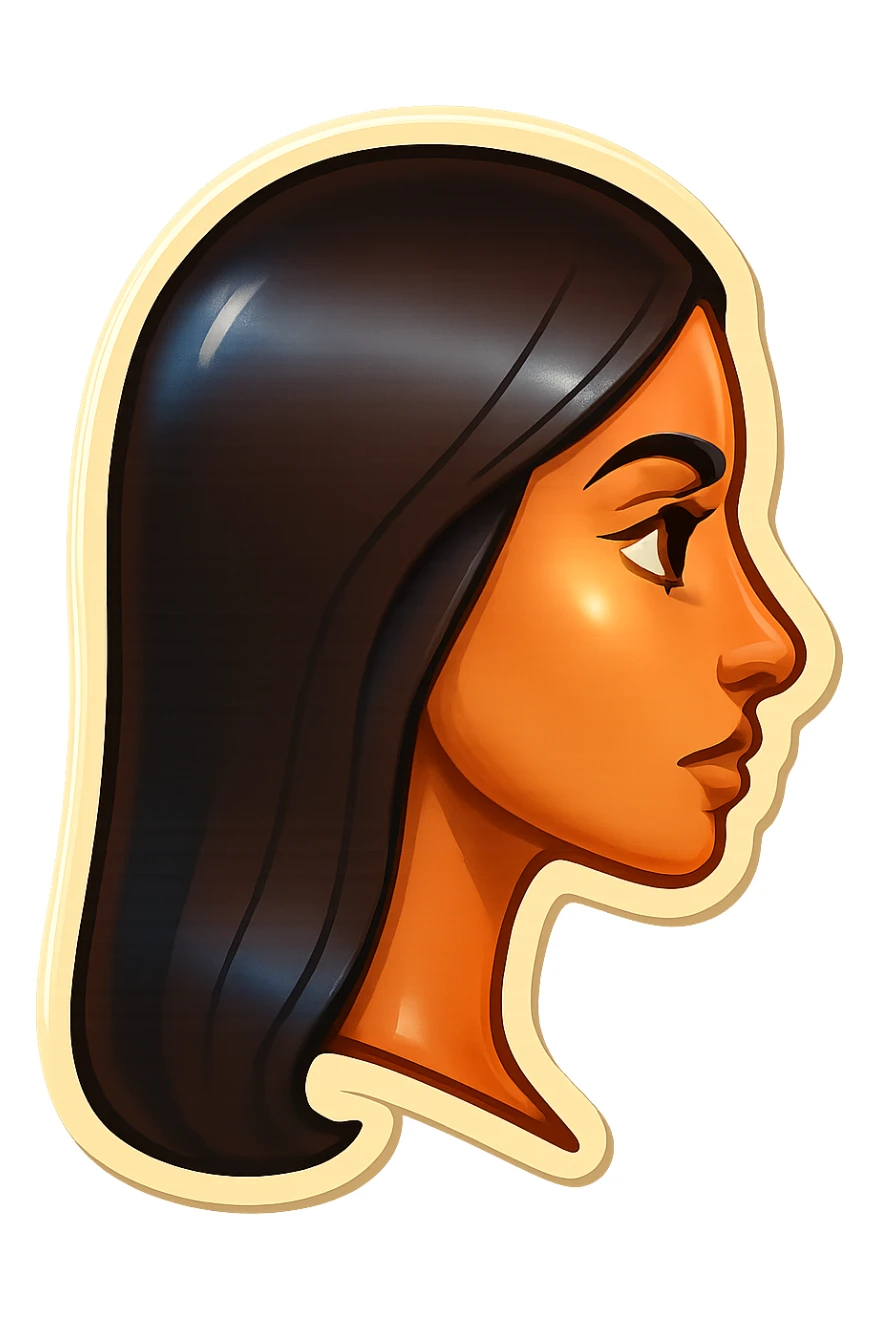 Create a side view (profile) of this woman's head, matching the same cartoon emoji style of the reference image, with long dark hair and similar facial features. Variant 4. sticker