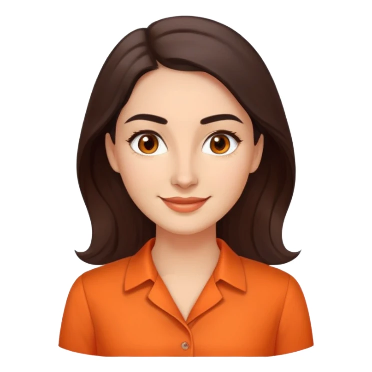 Professional woman in her 30s with light complexion, oval face, gentle features, large dark brown eyes, well-formed medium eyebrows, small nose, warm friendly smile, long slightly wavy dark brown hair, wearing a bright orange dress shirt sticker