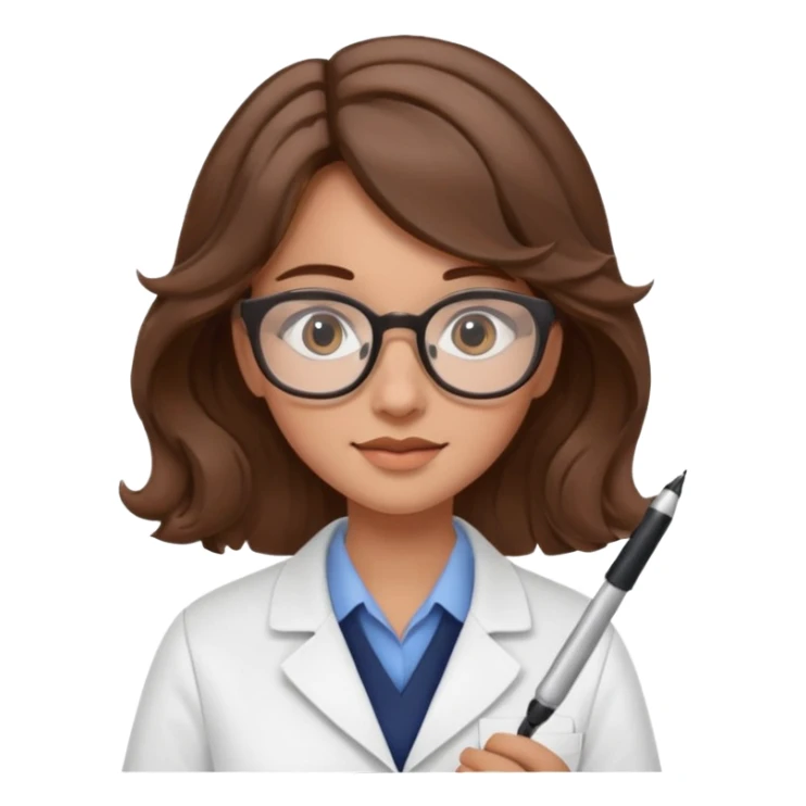 young women pharmacist studying science, wavy hair, with a pen and glasses sticker