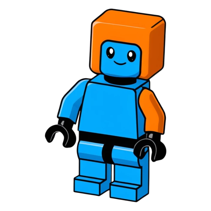 A cartoon blue Lego brick character with arms, legs and a friendly face sticker