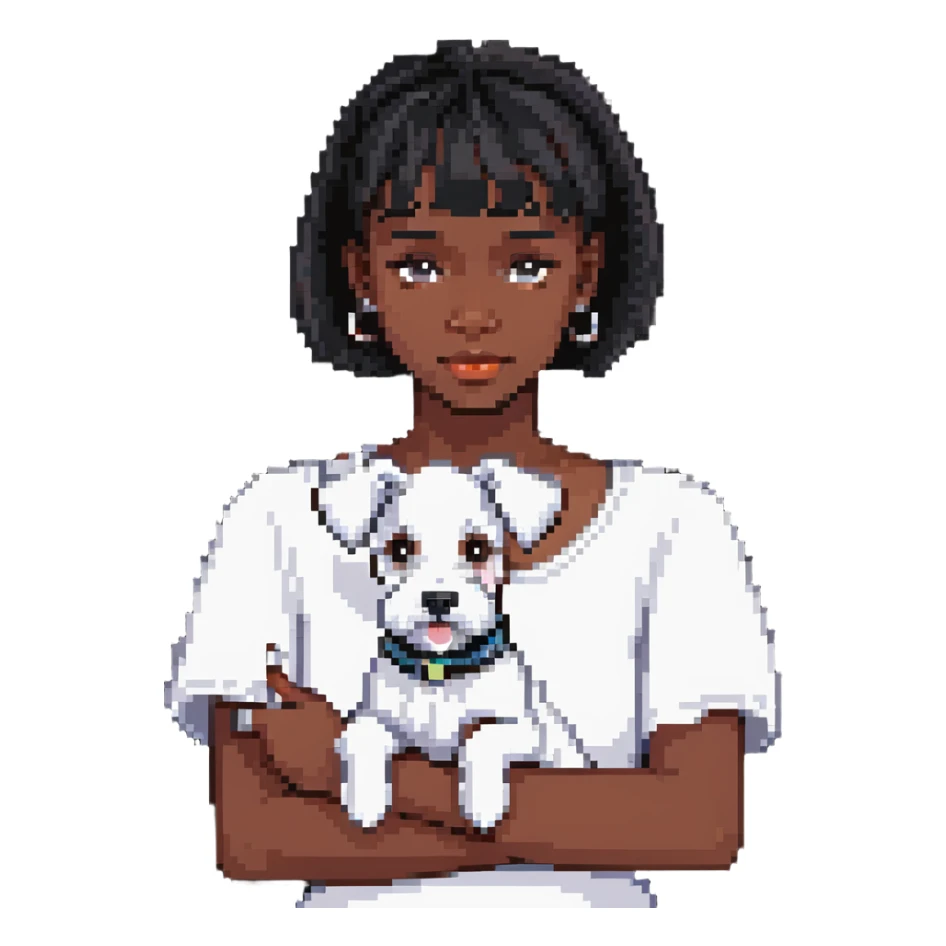 Black girl with short bangs holding a white schnauzer dog sticker